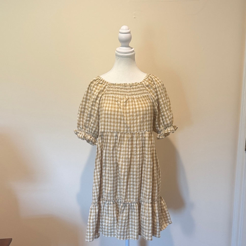 Adorable Gingham Dress in Tan and White